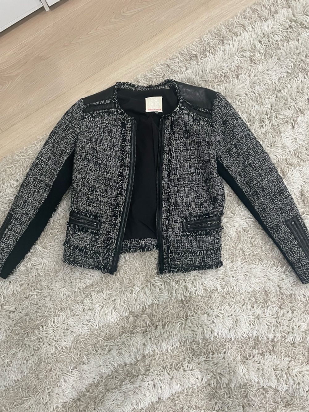 Rebecca Taylor Black & Gray Tweed Jacket with Leather Trim